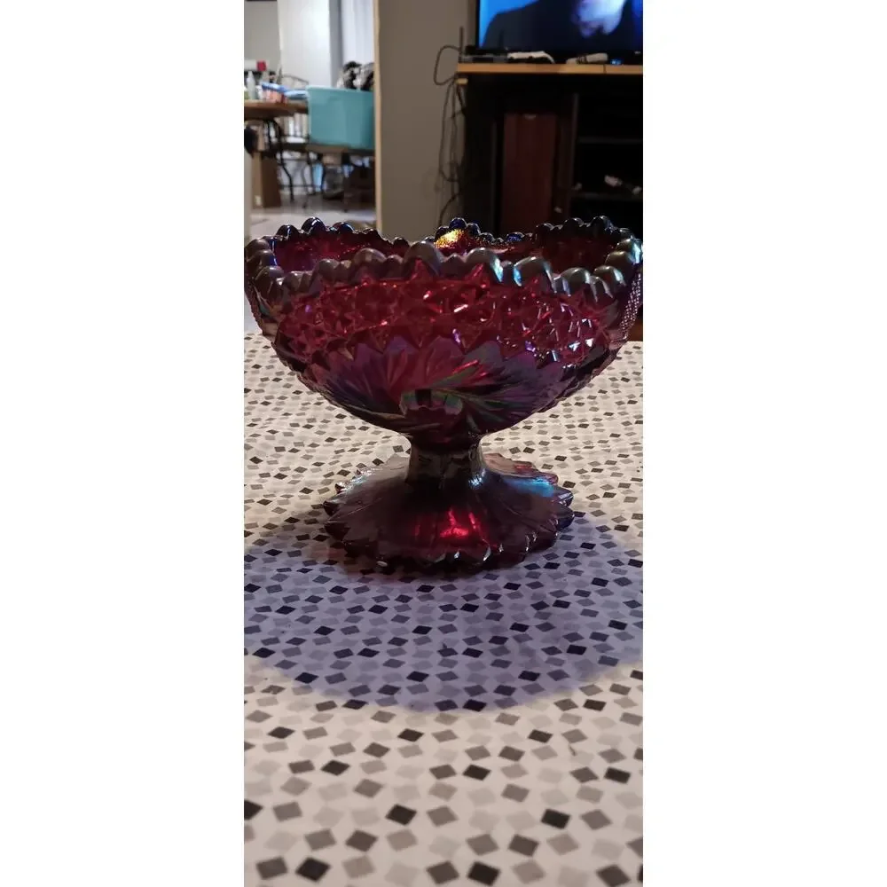 Fenton Ruby Red Glass Carnival Pinwheel Iridescent Sawtooth Edge Candy Bowl Art